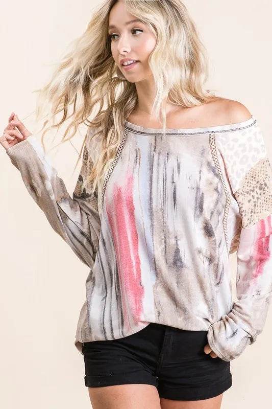 BiBi Tie Dye Knit Top with Print Block Shoulder - Shop Style & More | Fresh Looks, Everyday Deals & Free Shipping