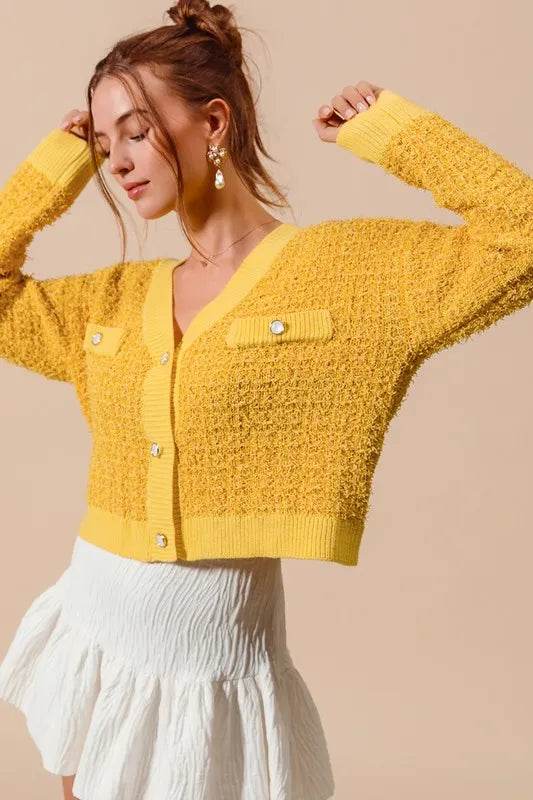 SO ME Frayed Tweed Knit Buttoned Front Cardigan - Shop Style & More | Fresh Looks, Everyday Deals & Free Shipping
