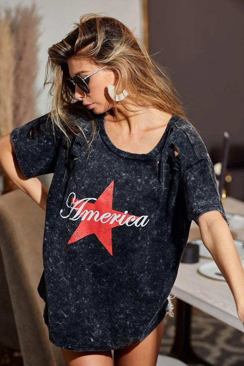 BiBi Laser Cut Mineral Washed Jersey Top with America - Shop Style & More | Fresh Looks, Everyday Deals & Free Shipping
