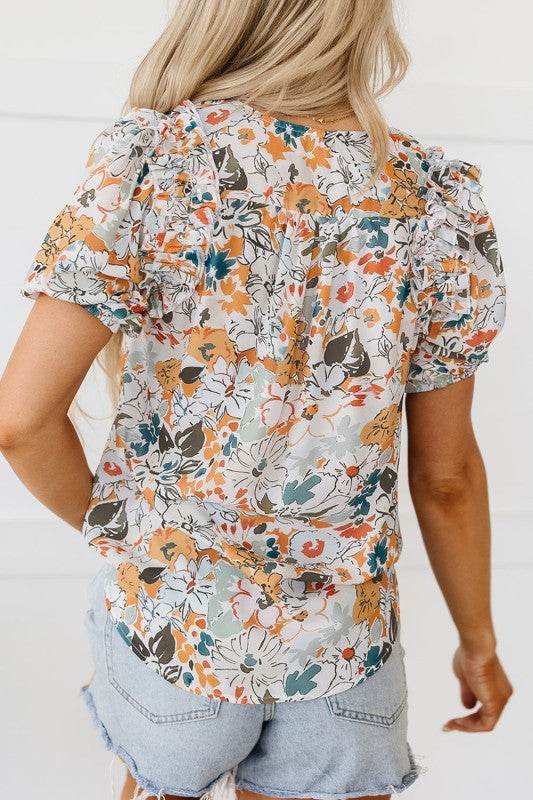 Milena Split V Neck Puff Sleeve Flower Print Blous - Shop Style & More | Fresh Looks, Everyday Deals & Free Shipping