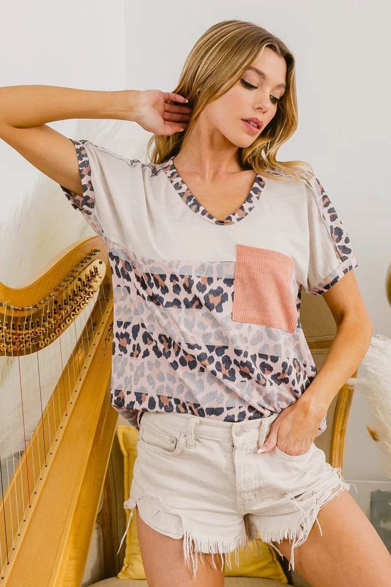 BiBi Leopard Stripe with Slub Terry Color Block T-Shirt - Shop Style & More | Fresh Looks, Everyday Deals & Free Shipping