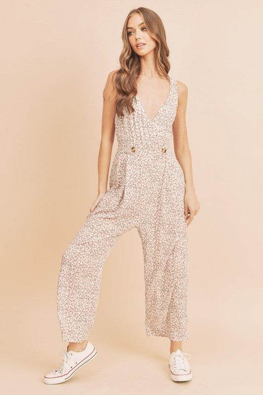 Aemi + Co Ditsy Floral Surplice Sleeveless Wide Leg Jumpsuit - Shop Style & More | Fresh Looks, Everyday Deals & Free Shipping
