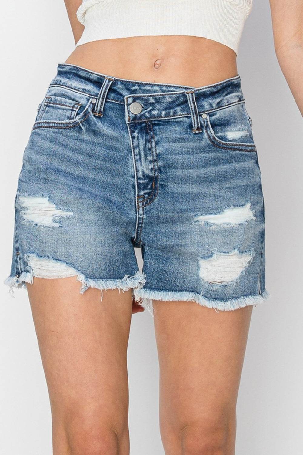 RISEN Stepped Waist Frayed Denim Shorts - Shop Style & More | Fresh Looks, Everyday Deals & Free Shipping