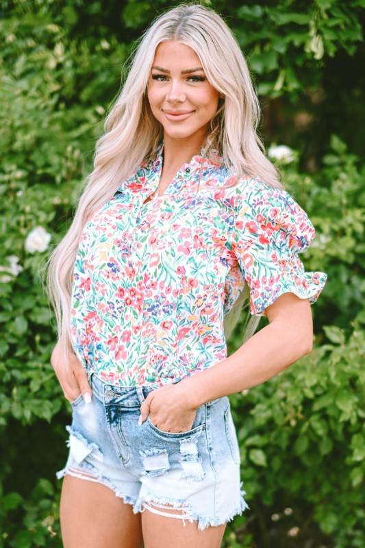 Azaria Floral Print Button Split Neck Puff Sleeve - Shop Style & More | Fresh Looks, Everyday Deals & Free Shipping