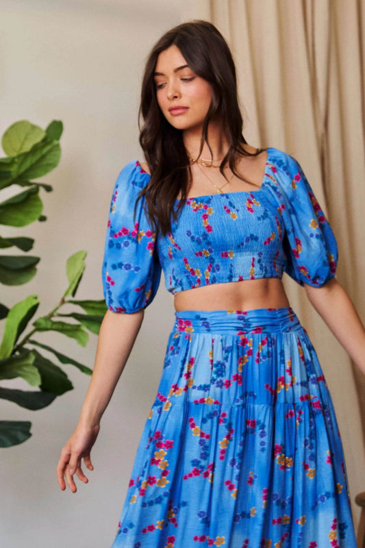 Davi & Dani Smocing Bodice Puff Short Sleeve Printed Crop Top - Shop Style & More | Fresh Looks, Everyday Deals & Free Shipping
