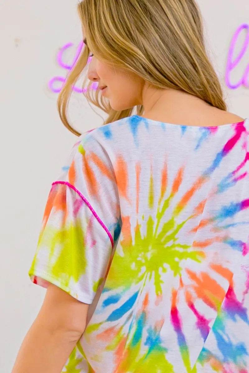 BiBi Tie Dye Print Jersey Stitched V Neck Top - Shop Style & More | Fresh Looks, Everyday Deals & Free Shipping