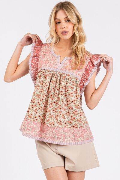 Mittoshop Floral Notched Ruffled Cap Sleeve Blouse - Shop Style & More | Fresh Looks, Everyday Deals & Free Shipping