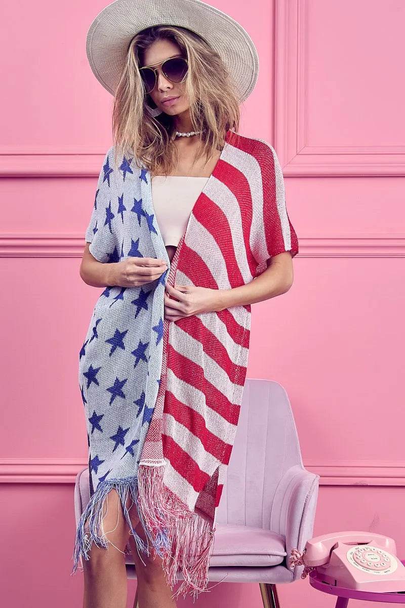 BiBi American Flag Theme Fringed Knit Cardigan - Shop Style & More | Fresh Looks, Everyday Deals & Free Shipping