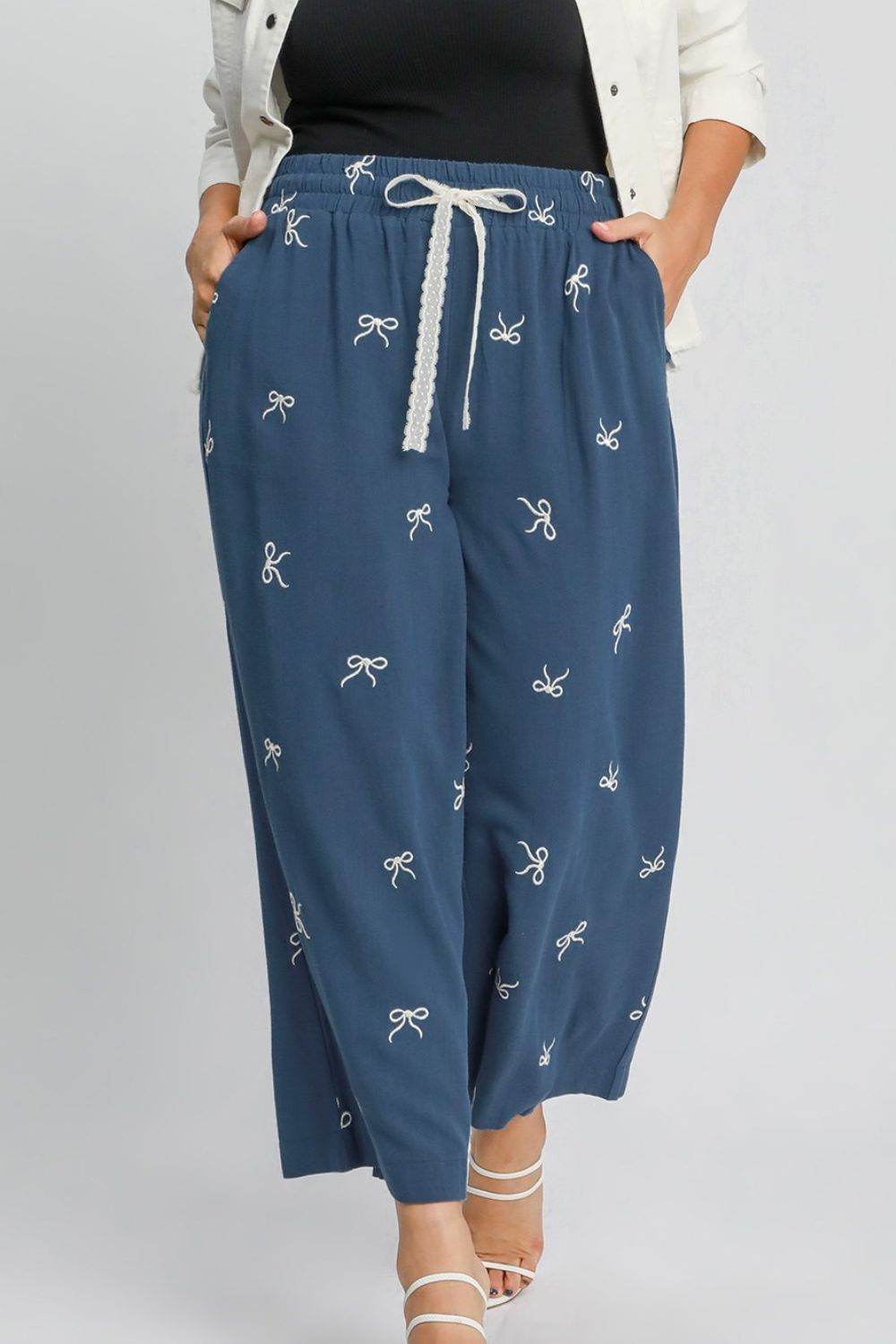 Umgee Full Size Lace Drawstring Embroidered Bow Wide Leg Pants Plus Size - Shop Style & More | Fresh Looks, Everyday Deals & Free Shipping