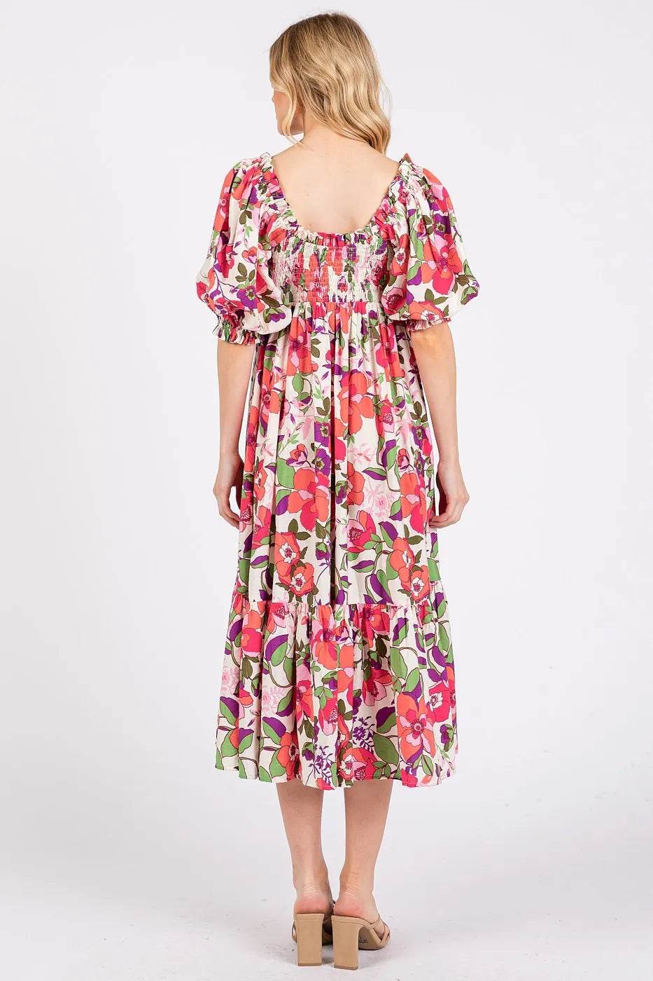 Mittoshop Flower Print Puff Sleeve Ruffle Smocked Midi Dress - Shop Style & More | Fresh Looks, Everyday Deals & Free Shipping