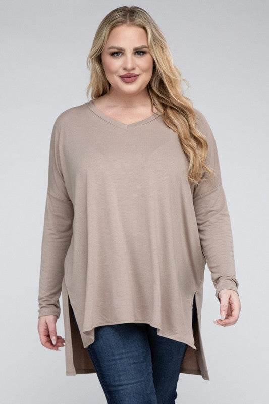 Plus Dolman Sleeve V-Neck Side Slit Hi-Low Hem Top - Shop Style & More | Fresh Looks, Everyday Deals & Free Shipping