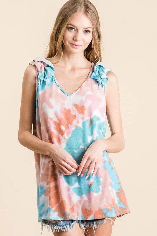 BiBi Circular Tie Dye Knit V Neck Top With Ruffle - Shop Style & More | Fresh Looks, Everyday Deals & Free Shipping