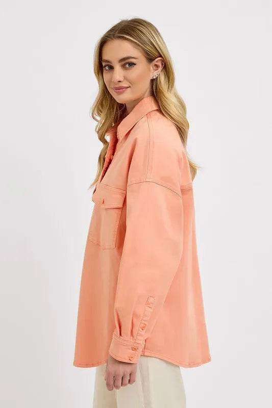 RISEN Full Size Button Down Long Sleeve Denim Shacket with Chest Pockets Plus Size - Shop Style & More | Fresh Looks, Everyday Deals & Free Shipping