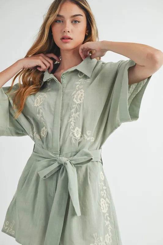 MABLE Embroidered Button Down Collared Neck Romper - Shop Style & More | Fresh Looks, Everyday Deals & Free Shipping