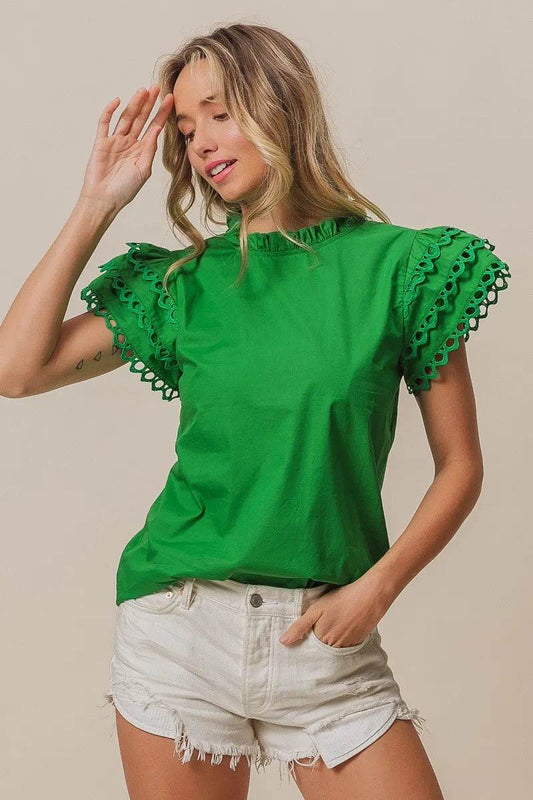 BiBi Solid Woven Circle Trim Ruffle Top - Shop Style & More | Fresh Looks, Everyday Deals & Free Shipping