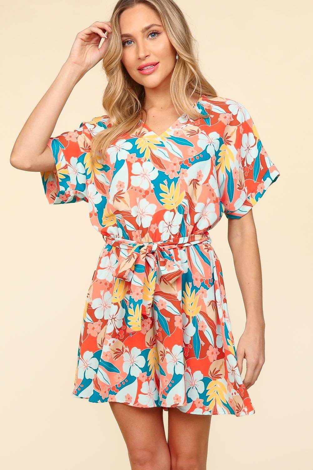 Haptics Tropical Floral Short Sleeve Tied Romper - Shop Style & More | Fresh Looks, Everyday Deals & Free Shipping