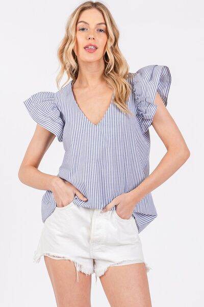 Ces Femme Striped V-Neck Ruffled Cap Sleeve Blouse - Shop Style & More | Fresh Looks, Everyday Deals & Free Shipping