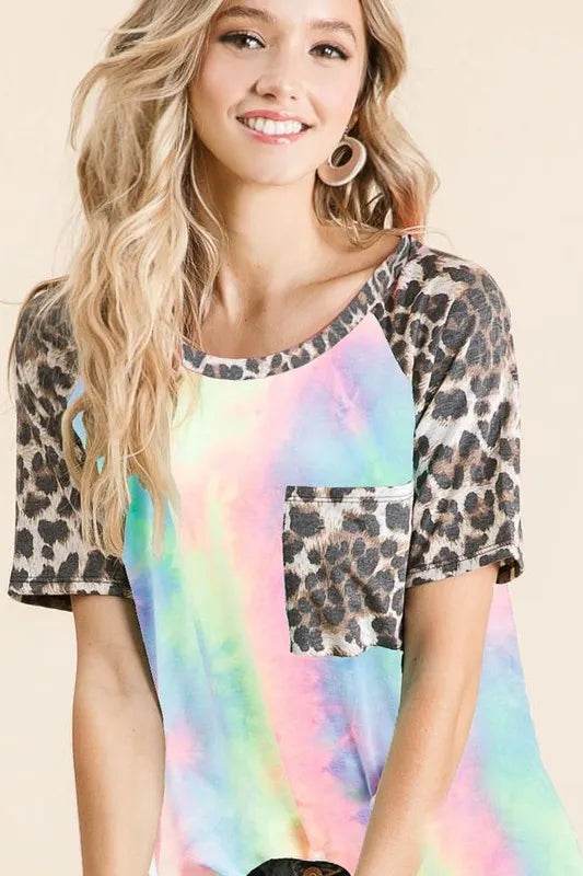 BiBi Tie Dye Knit Top with Leopard Raglan Sleeves - Shop Style & More | Fresh Looks, Everyday Deals & Free Shipping