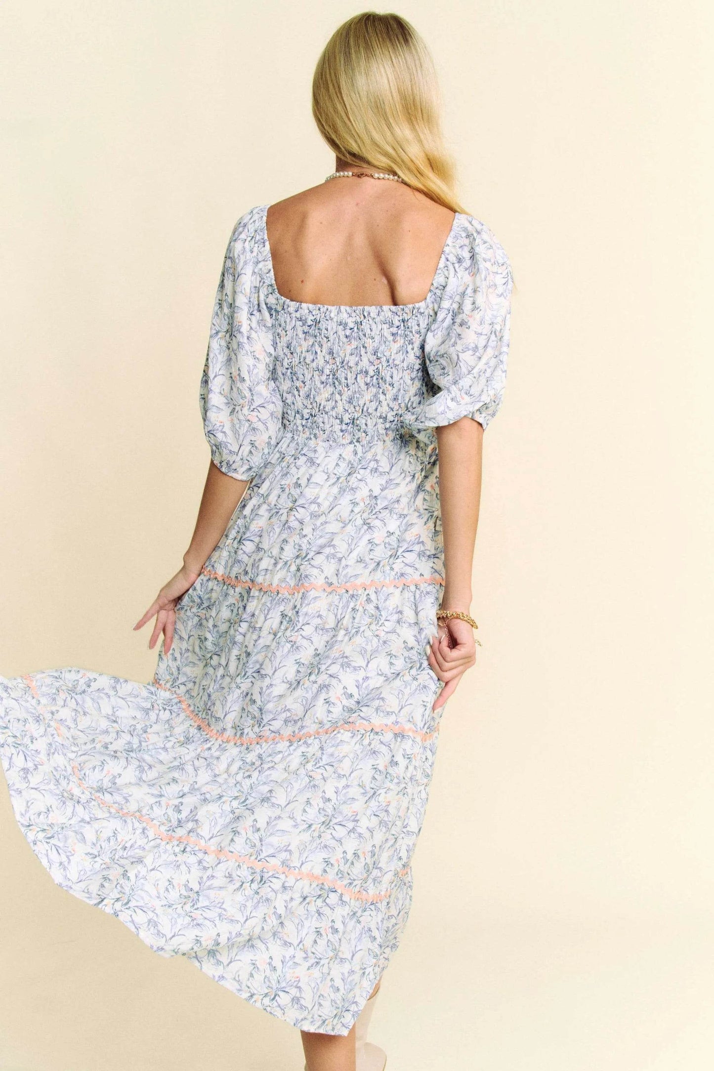 Davi & Dani Contrast Ric Smocking Bodice Tiered Midi Dress - Shop Style & More | Fresh Looks, Everyday Deals & Free Shipping