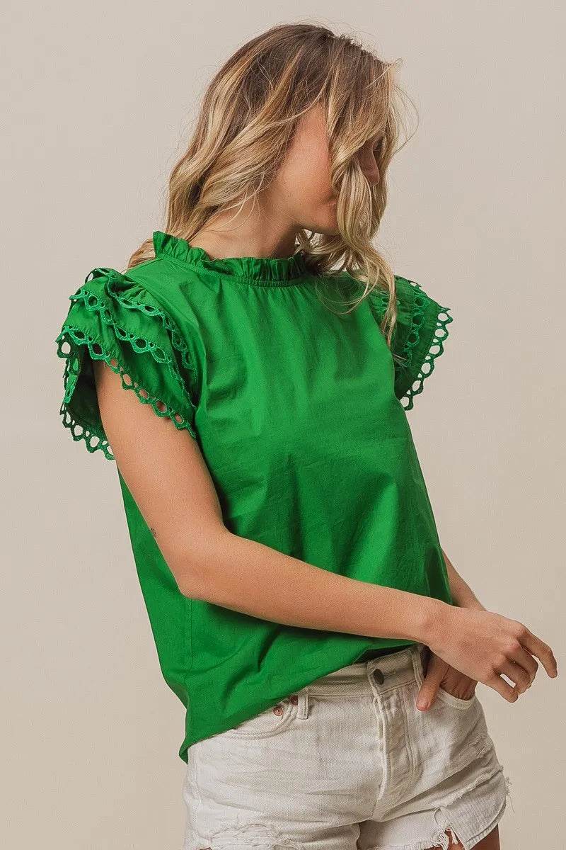 BiBi Solid Woven Circle Trim Ruffle Top - Shop Style & More | Fresh Looks, Everyday Deals & Free Shipping