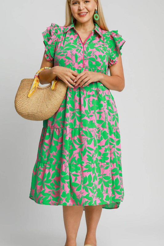 Umgee Full Size Floral Collared Ruffle Cap Sleeve Midi Dress Plus Size - Shop Style & More | Fresh Looks, Everyday Deals & Free Shipping