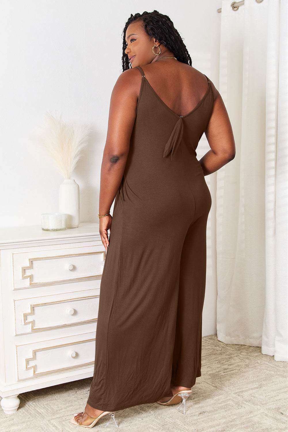 Double Take Full Size Soft Rayon Spaghetti Strap Tied Wide Leg Jumpsuit - Shop Style & More | Fresh Looks, Everyday Deals & Free Shipping