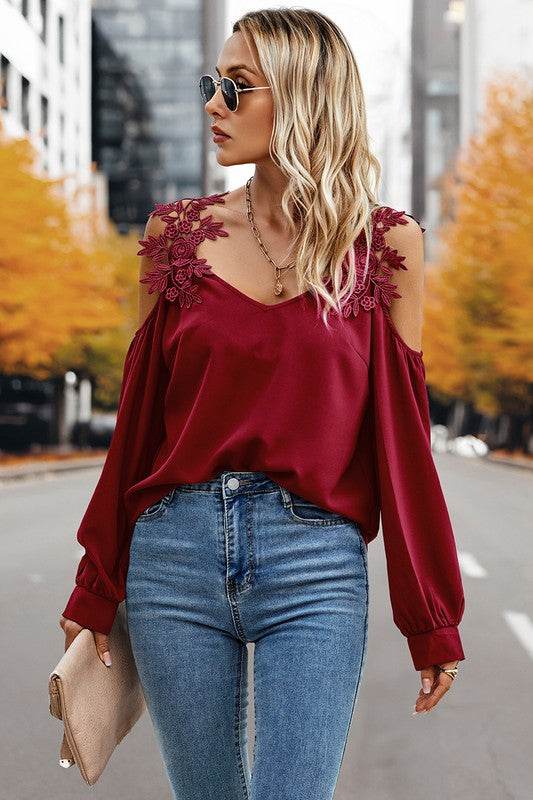 Contrast Low Back Lace Cold Shoulder Top - Shop Style & More | Fresh Looks, Everyday Deals & Free Shipping
