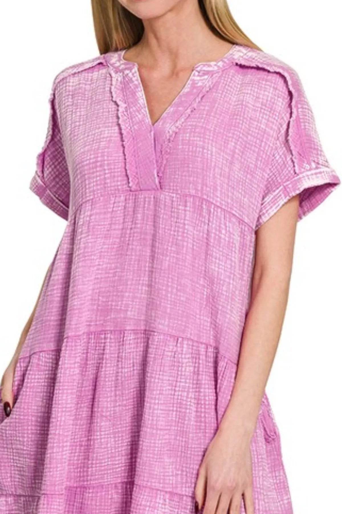 Zenana Washed Double Gauze Raw Edge V-neck Dress - Shop Style & More | Fresh Looks, Everyday Deals & Free Shipping