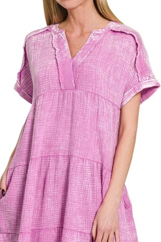 Zenana Washed Double Gauze Raw Edge V-neck Dress - Shop Style & More | Fresh Looks, Everyday Deals & Free Shipping
