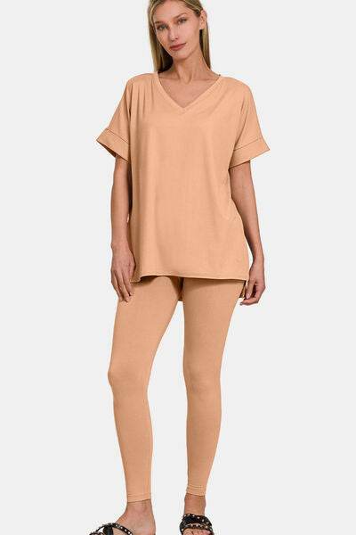 Zenana Full Size V-Neck Rolled Short Sleeve T-Shirt and Leggings Lounge Set - Shop Style & More | Fresh Looks, Everyday Deals & Free Shipping