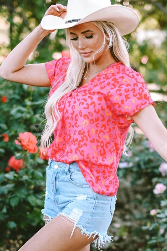 Charley Leopard V Neck Short Sleeve Blouse - Shop Style & More | Fresh Looks, Everyday Deals & Free Shipping
