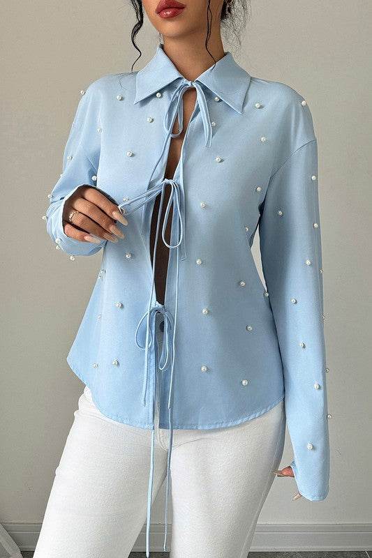 Solid Tie Front Pearl Embellished Fit Blouse - Shop Style & More | Fresh Looks, Everyday Deals & Free Shipping