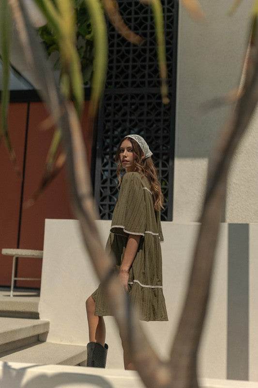 Annie Wear Tassel Contrast Trim Tie Neck Half Sleeve Tiered Dress - Shop Style & More | Fresh Looks, Everyday Deals & Free Shipping