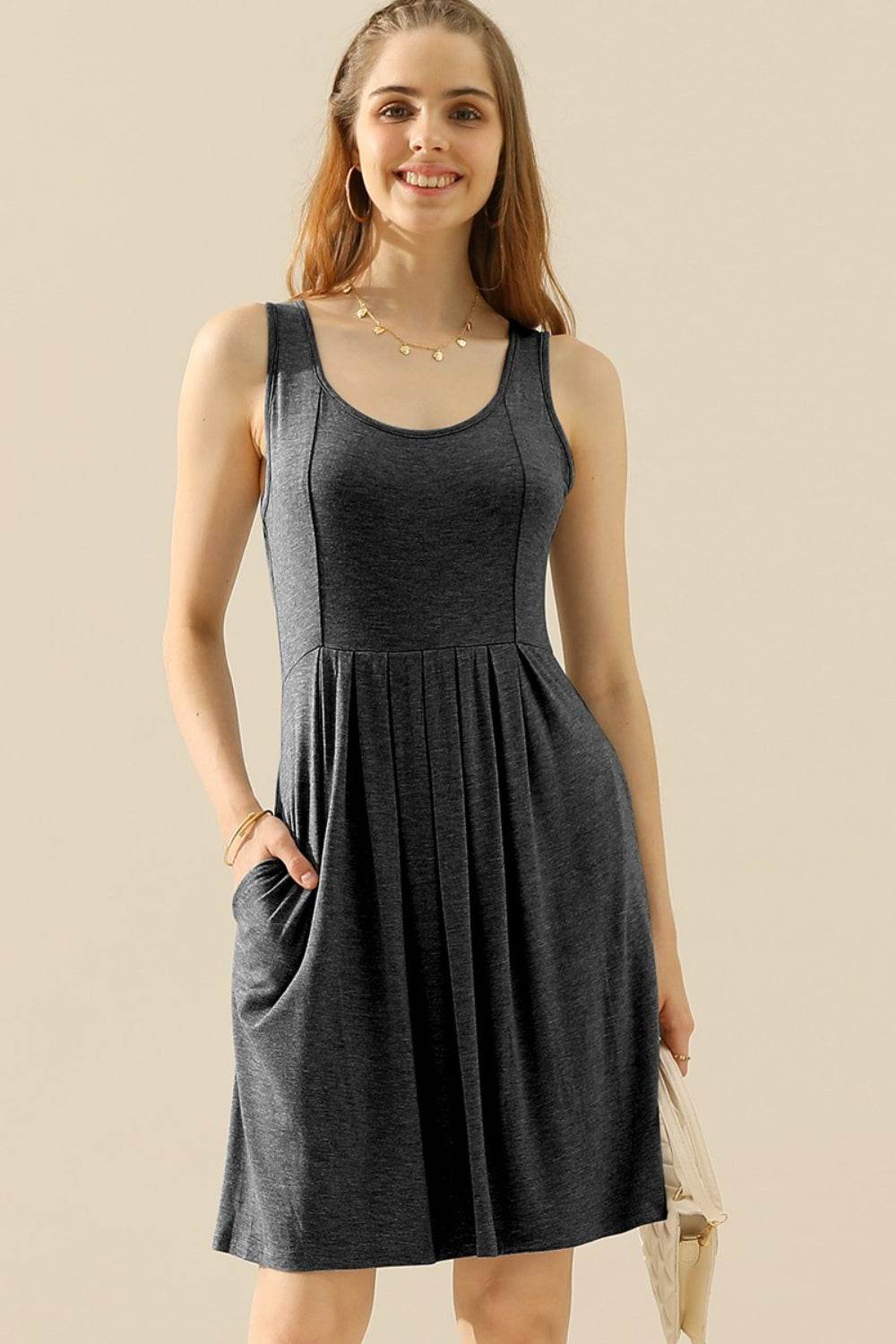 Doublju Full Size Round Neck Ruched Sleeveless Dress with Pockets - Shop Style & More | Fresh Looks, Everyday Deals & Free Shipping