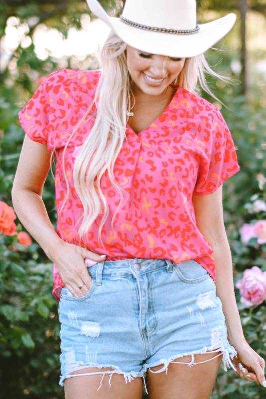 Charley Leopard V Neck Short Sleeve Blouse - Shop Style & More | Fresh Looks, Everyday Deals & Free Shipping