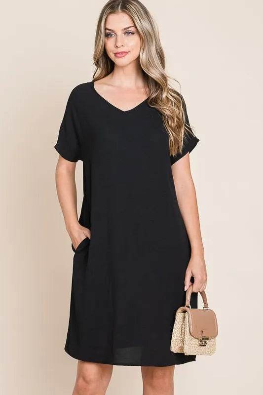 BOMBOM V-Neck Short Sleeve Dress with Pockets - Shop Style & More | Fresh Looks, Everyday Deals & Free Shipping