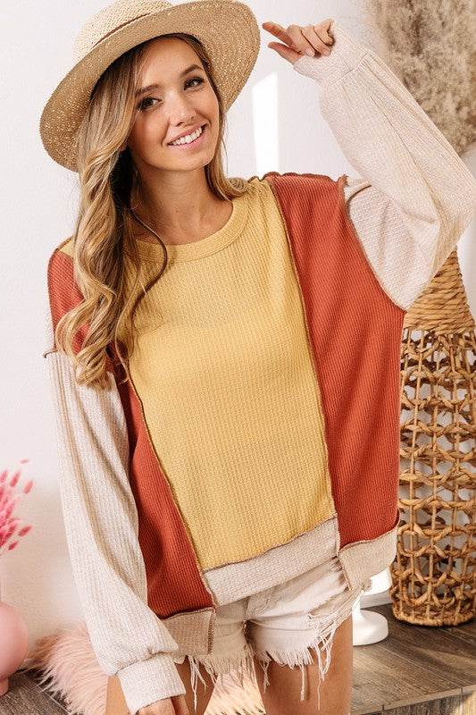 BiBi Waffle-Knit Exposed Seam Color Block Uneven Hem Top - Shop Style & More | Fresh Looks, Everyday Deals & Free Shipping