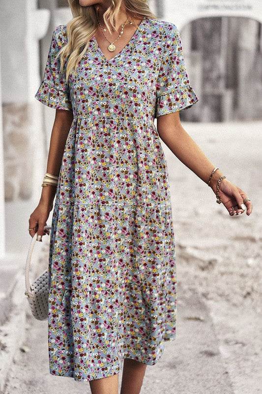 Boho Floral Ruffle Hem V Neck Short Sleeve Dress - Shop Style & More | Fresh Looks, Everyday Deals & Free Shipping