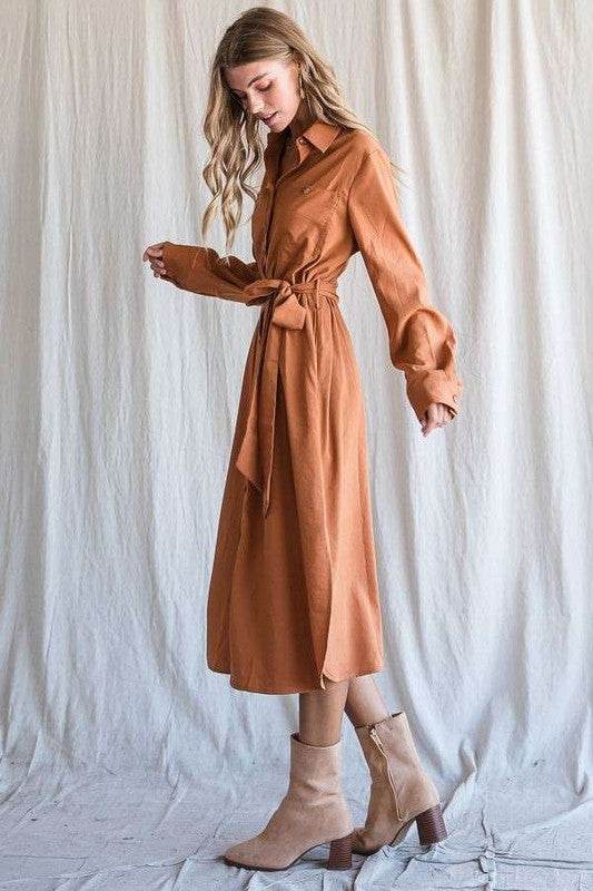 SOLID BUTTON DOWN BELTED LONG DRESS 30-545 - Shop Style & More | Fresh Looks, Everyday Deals & Free Shipping
