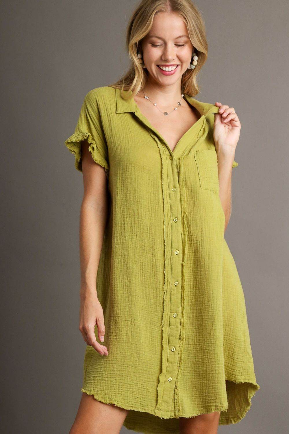 Umgee Full Size Raw Hem Button Down Short Sleeve Gauze Shirt Dress Plus Size - Shop Style & More | Fresh Looks, Everyday Deals & Free Shipping