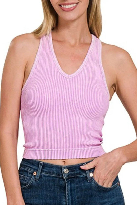 Zenana Washed Ribbed Seamless Bra Padded V-neck Tank Top - Shop Style & More | Fresh Looks, Everyday Deals & Free Shipping