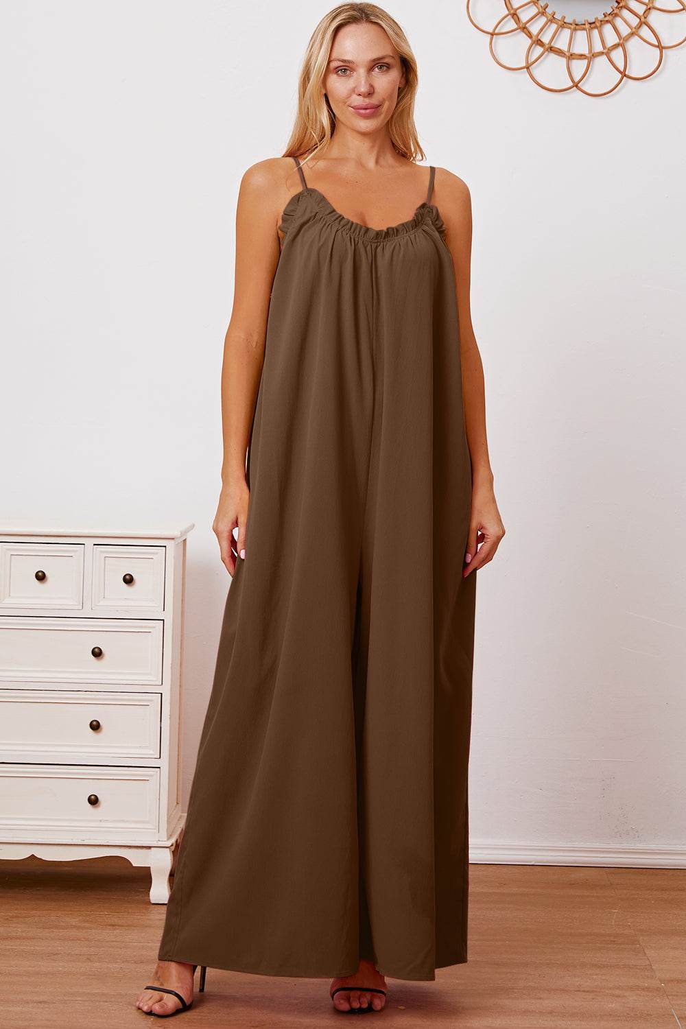 Double Take Full Size Ruffle Trim Tie Back Cami Jumpsuit with Pockets - Shop Style & More | Fresh Looks, Everyday Deals & Free Shipping