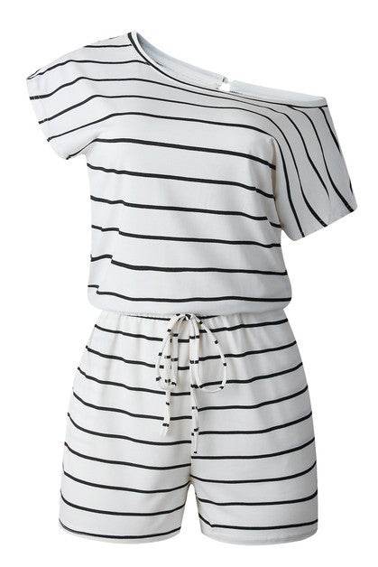 Striped Short Sleeve Drawstring Waist Romper - Shop Style & More | Fresh Looks, Everyday Deals & Free Shipping