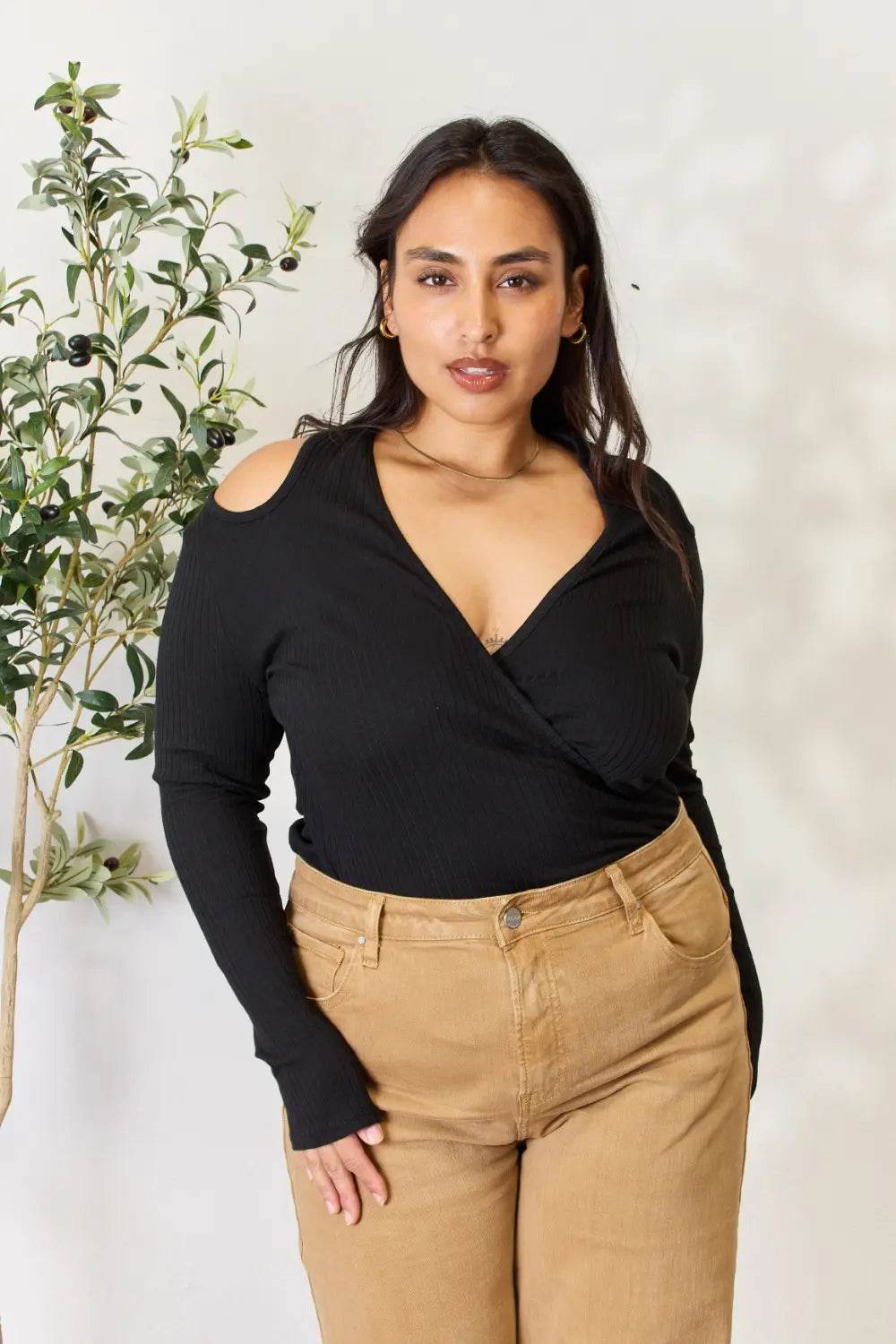 Culture Code Full Size Ribbed Surplice Cold Shoulder Top - Shop Style & More | Fresh Looks, Everyday Deals & Free Shipping