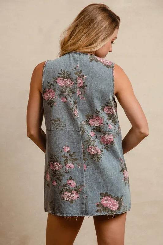 BiBi Floral Print Washed Denim Long Rider Vest - Shop Style & More | Fresh Looks, Everyday Deals & Free Shipping