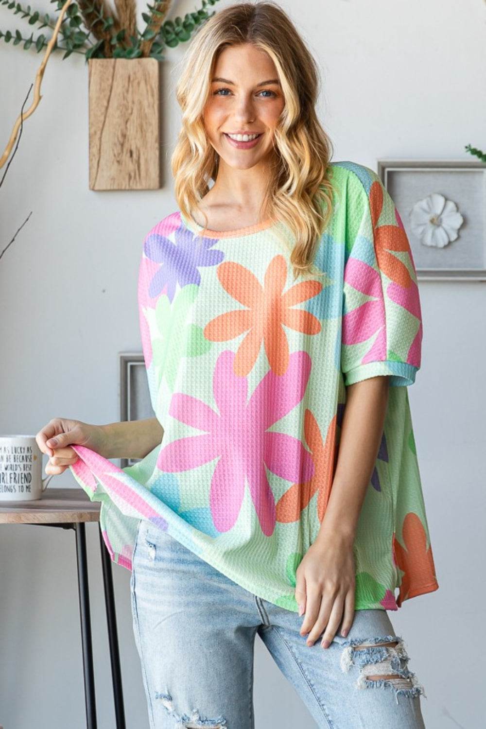 HOPELY Floral Round Neck Waffle T-Shirt - Shop Style & More | Fresh Looks, Everyday Deals & Free Shipping