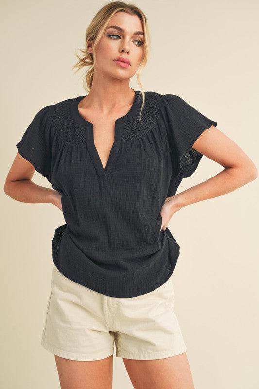 Aemi + Co Embroidered Trim Side Slit Notched Short Sleeve Blouse - Shop Style & More | Fresh Looks, Everyday Deals & Free Shipping