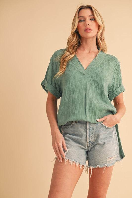 Aemi + Co Side Slit V-Neck Short Sleeve Blouse - Shop Style & More | Fresh Looks, Everyday Deals & Free Shipping