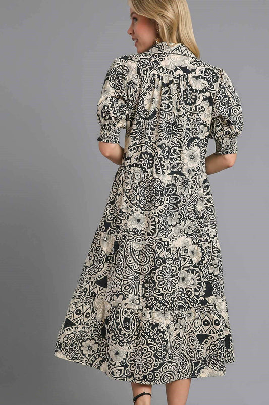 Umgee Full Size Printed Smocked Cuff Puff Sleeve Midi Dress Plus Size - Shop Style & More | Fresh Looks, Everyday Deals & Free Shipping