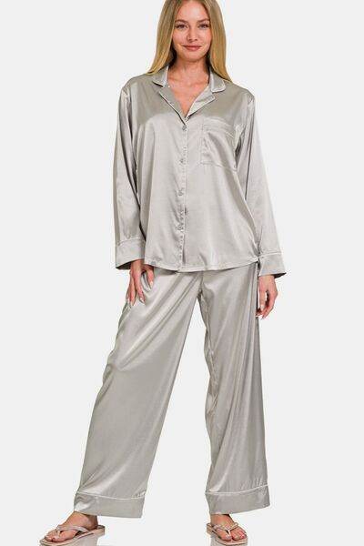 Zenana Satin Long Sleeve Shirt and Pants Pajama Set - Shop Style & More | Fresh Looks, Everyday Deals & Free Shipping